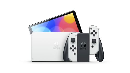 Nintendo Switch (modèle OLED) avec station d’accueil et manettes Joy-Con blanches
